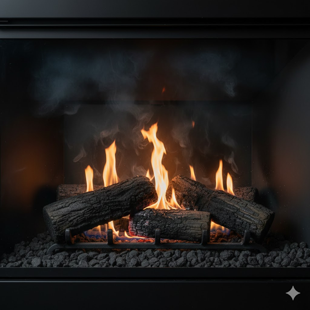 A Fireplace With Soot Buildup in the Back and on the Logs