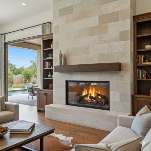 Beautiful Modern Gas Fireplace That Is Lit in Plano, TX