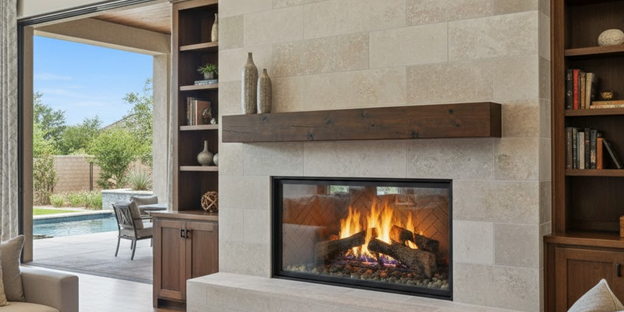Beautiful Modern Gas Fireplace That Is Lit in Plano, TX Beautiful Modern Gas Fireplace That Is Lit in Plano, TX