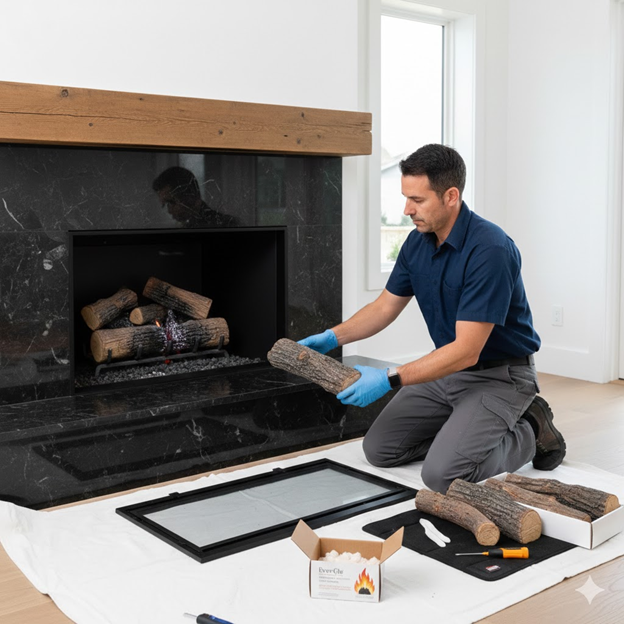 Fireplace Technician Installing New Gas Logs in a Fireplace