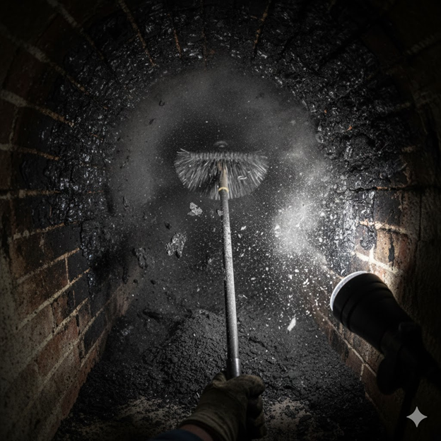 Fireworx Fireplace Technician Cleaning Up Creosote in a Fireplace