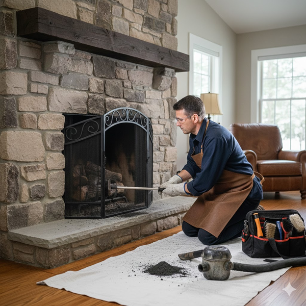Fireworx Fireplace Technician That Is Cleaning Soot From a Fireplace