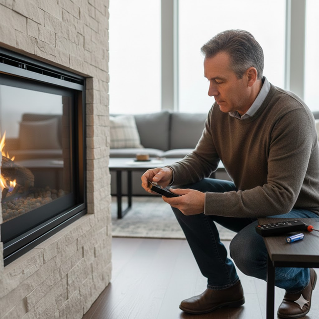 Homeowner Replacing Batteries For Their Gas Fireplace