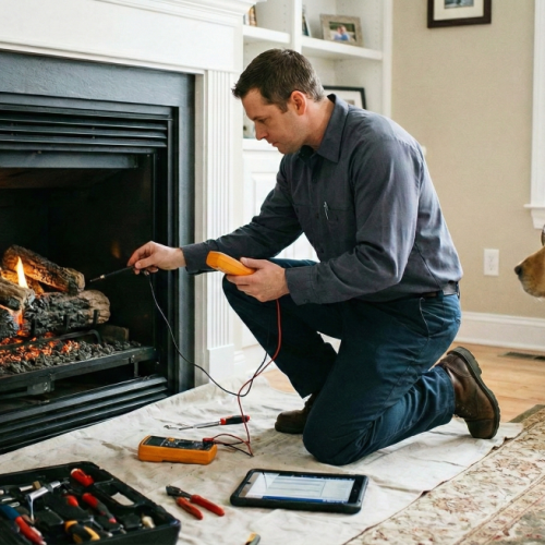Inspection Being Done on a Gas Fireplace