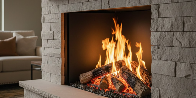 Light Colored Fireplace with Newly Added Gas Logs