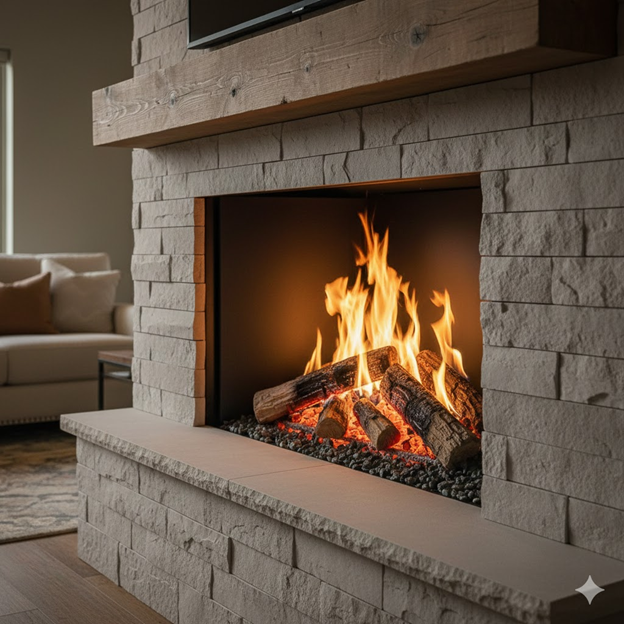 Light Colored Fireplace with Newly Added Gas Logs