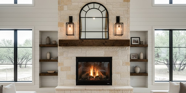 Newly Built Gas Fireplace With Light Colored Brick Newly Built Gas Fireplace With Light Colored Brick