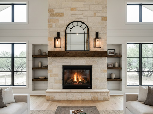 Newly Built Gas Fireplace With Light Colored Brick
