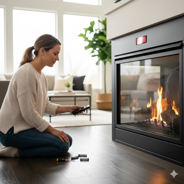 Woman Replacing Batteries in a Remote Control For The Gas Fireplace