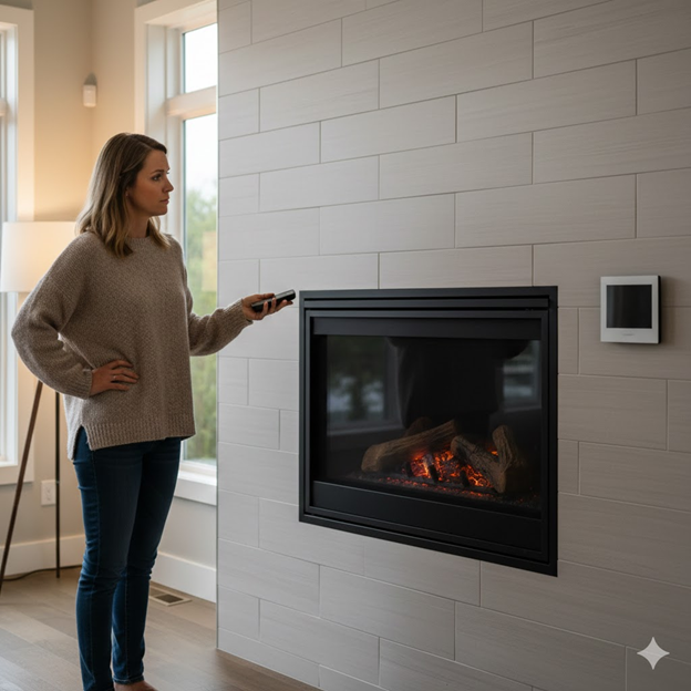 Woman Trying To Figure Out Why Her Gas Fireplace Isnt Working Woman Trying To Figure Out Why Her Gas Fireplace Isnt Working
