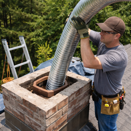 Chimney Technician Installing a Fireplace Liner